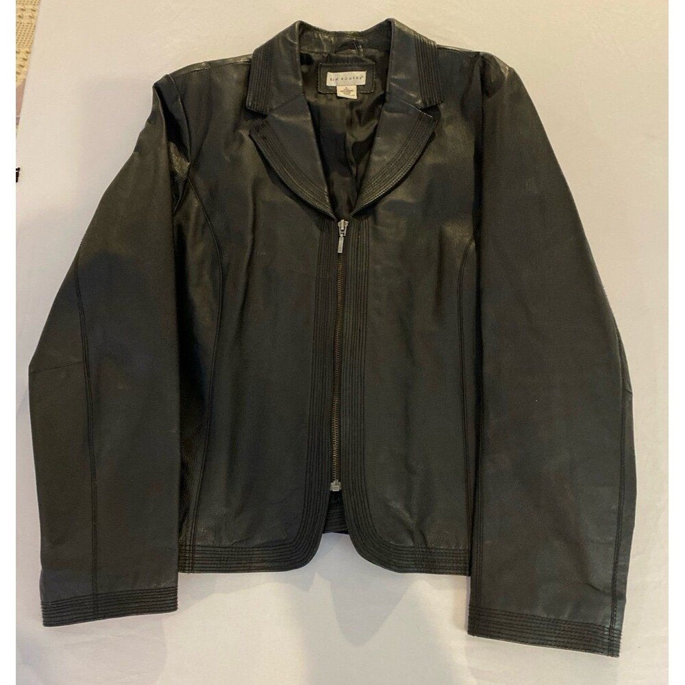 Kim Rogers Women’s‎ Black Fitted 100% Leather Jacket Size Large Full Zip Pockets